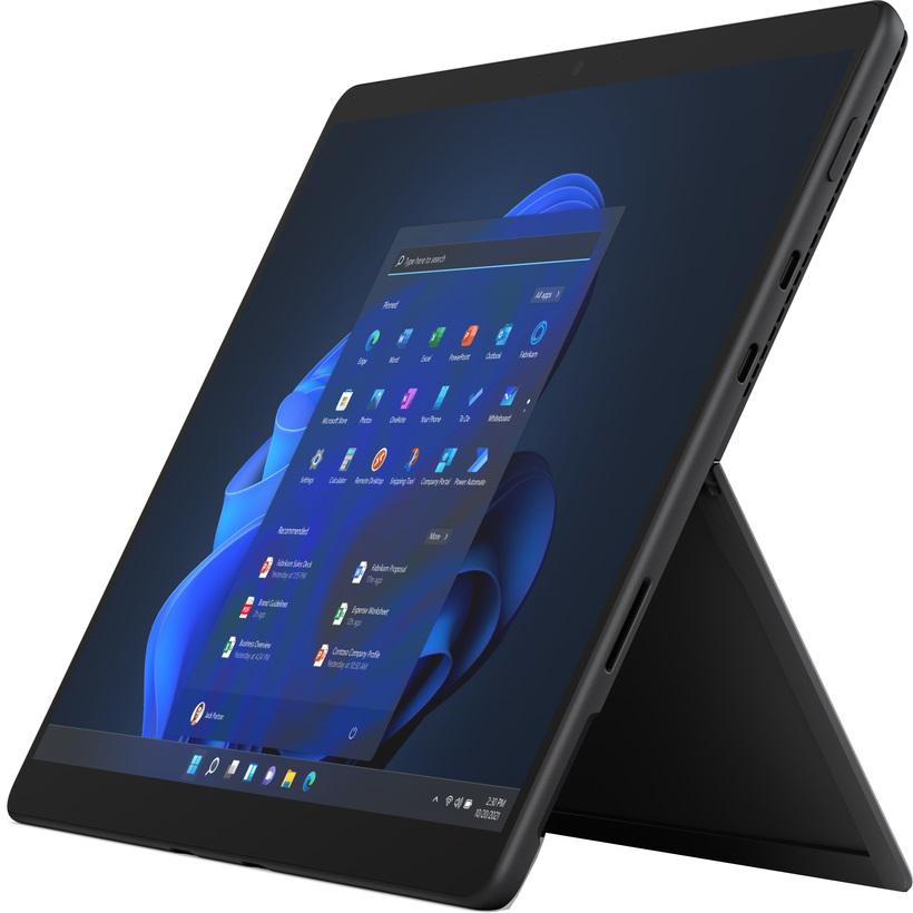 Ms Surface Pro 8 black, 13 inch, resolution: 2880 x 1920, aspect ratio: 3:2, Intel Core i5-1145G7, 2.6 GHz, 8GB RAM, 512GB SSD storage, graphics: Intel Iris Xe Graphics, connerctors: 1 x Surface Connect, 1 x 3.5 mm audio female, 2 x Thunderbolt 4 (Type-C), camera resolution: 10MP/5MP