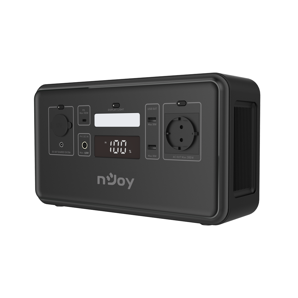 Statie portabila pentru exterior NJOY POWER BASE 300, adaptor AC (240 W max), panou solar MPPT 12V-32V (240 W max), adaptor auto DC 12V Car (120 W max), 2x USB TYPE A (18 W max), 1x USB TYPE C (100 W max), DC 5525 12V (120 W max), Priza auto 12V (120 W max), 2x AC Schuko 230V (300W max), 1000+