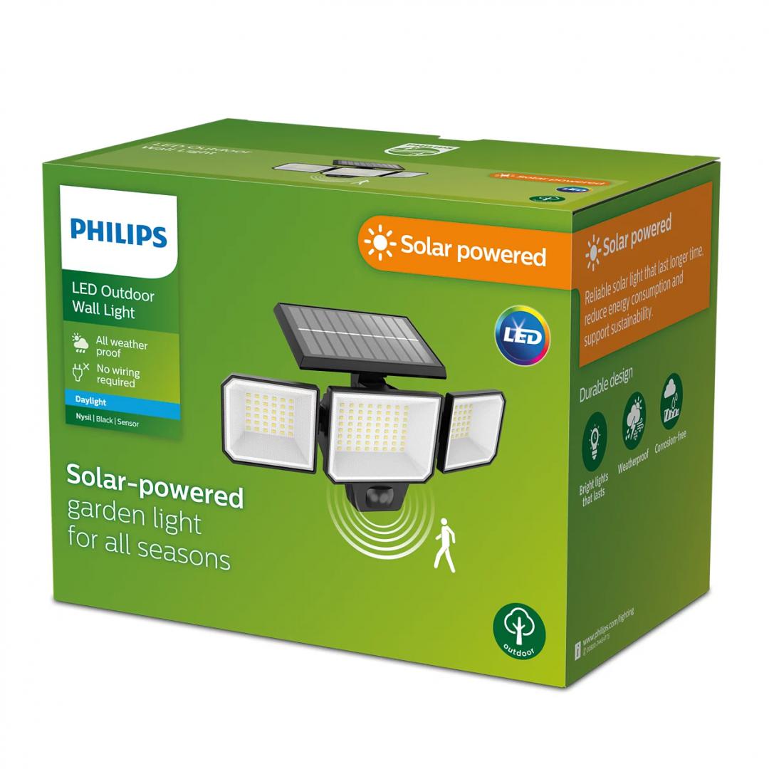 Lampa LED solara pentru exterior cu senzor de miscare Philips NYSIL, 8.7W, 4V, lumina rece (5000K), IP65, 168x293x117mm, Negru