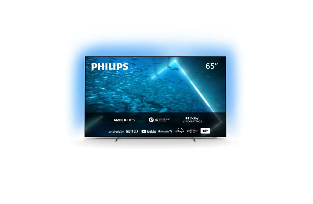 Smart TV Philips Ambilight 65OLED707/12 (Model 2022) 65"(164CM), OLED 4K, Argintiu, Plat, Android TV, Mirroring iOS/Android, P5 AI Perfect Picture, HDR10+/HLG, 100 Hz, DVB-T/T2/T2-HD/C/S/S2, 70 W, Wi-Fi Bluetooth, 1xJack 3.5 mm, 2xUSB 3.0, 1xRJ-45, CI+ slot, 3xHDMI 2.0, 1xHDMI 2.1, 1xDigital Optical