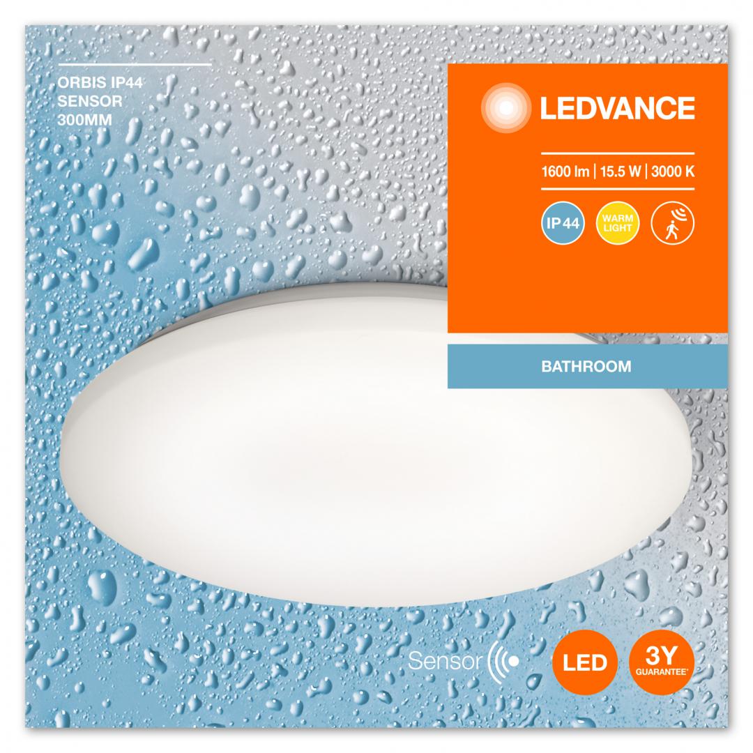 Plafoniera LED pentru baie cu senzor de miscare si lumina Ledvance ORBIS 300 , 15.5W, 1600 lm, lumina calda (3000K), IP44, Ø300x83mm, Alb, clasa energetica E