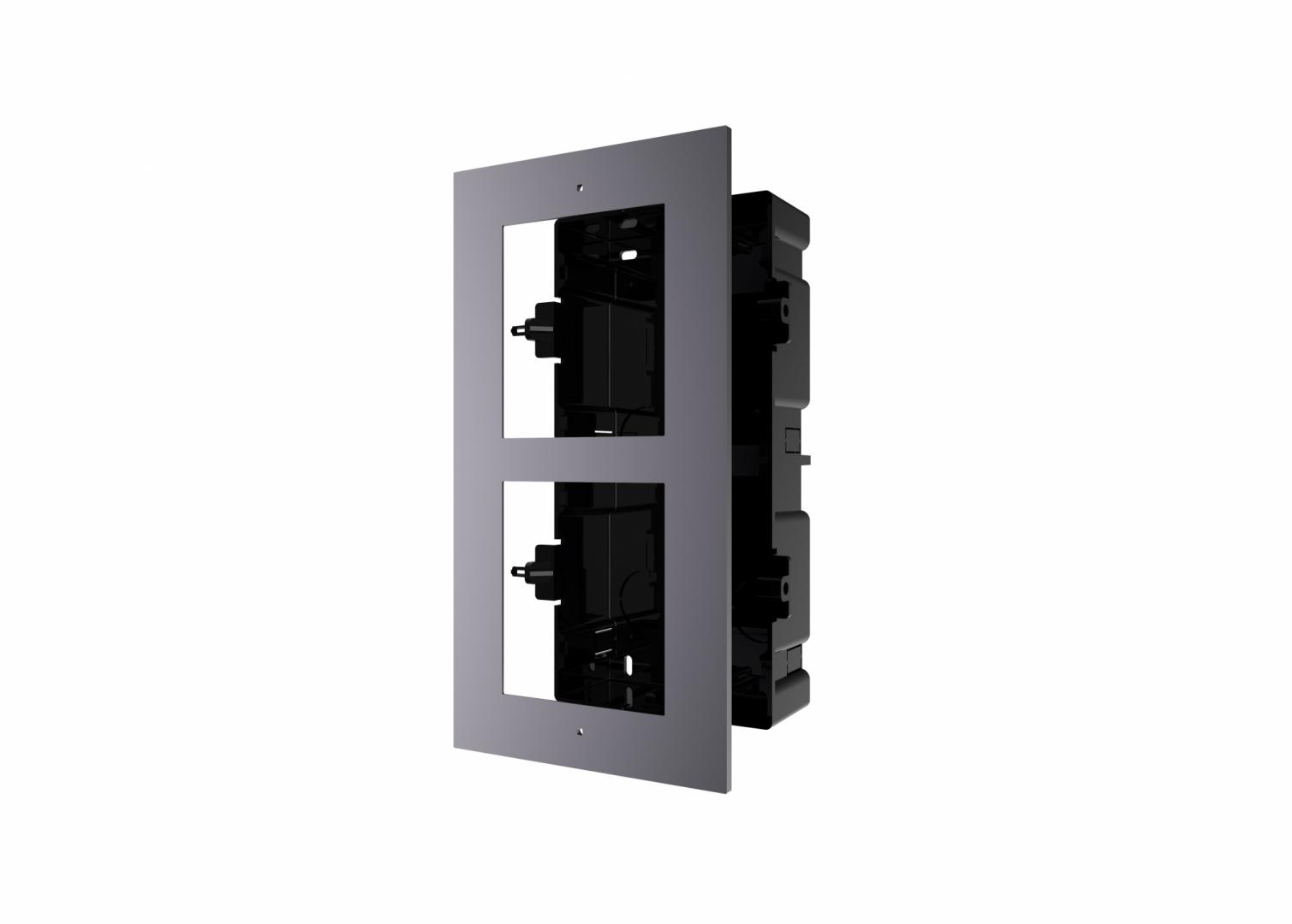 Panou frontal pentru 2 module de videointerfon modular Hikvision DS-KD- ACF2; permite conectarea a 2 module de interfon modular; montare incastrata; material aluminiu; doza de plastic inclusa; dimensiuni:236mm x 124mm × 4mm;