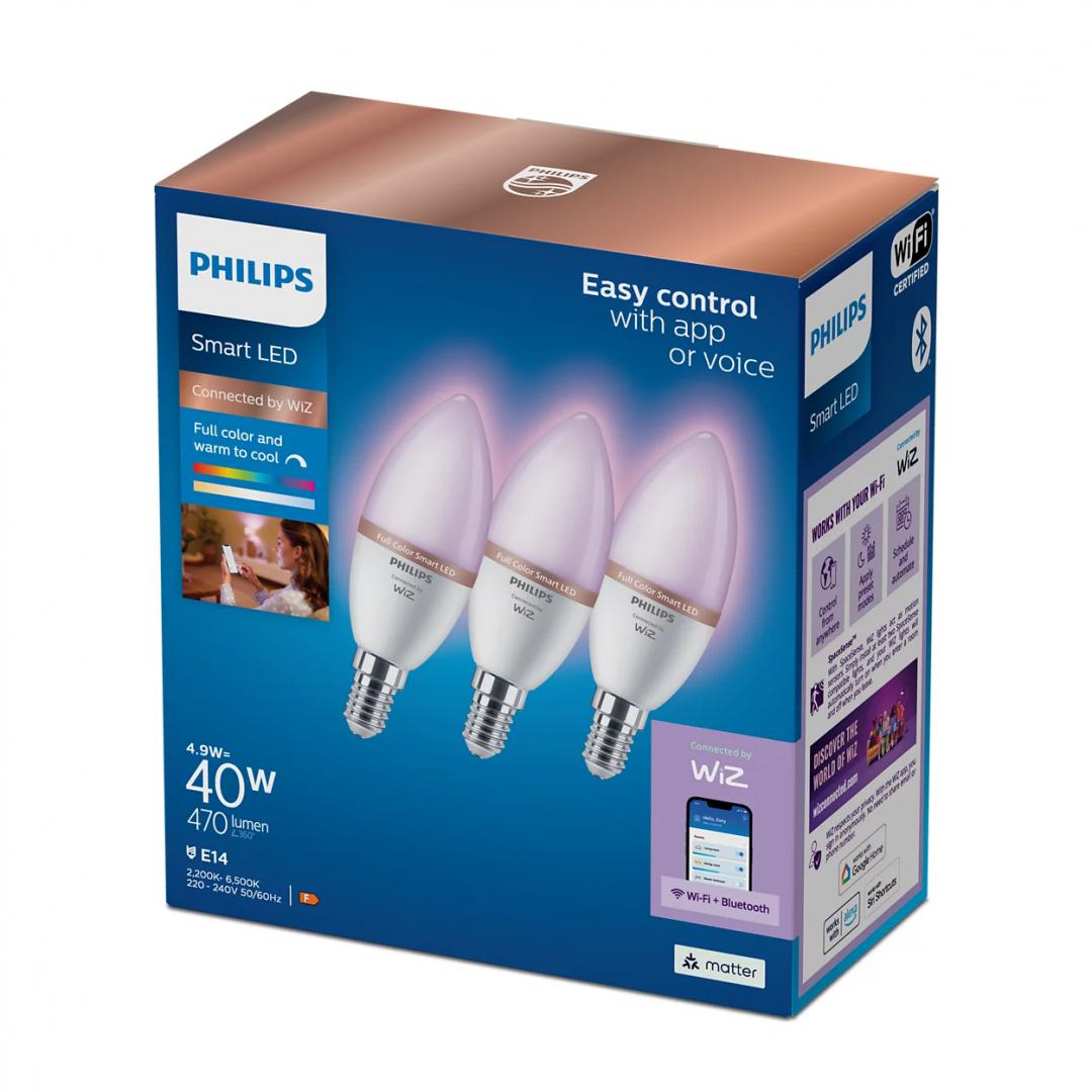 3 Becuri LED RGB inteligente Philips Candle C37, Wi-Fi, Bluetooth, E14 ,4.9W (40W), 470 lm, lumina alba si color (2200-6500K)