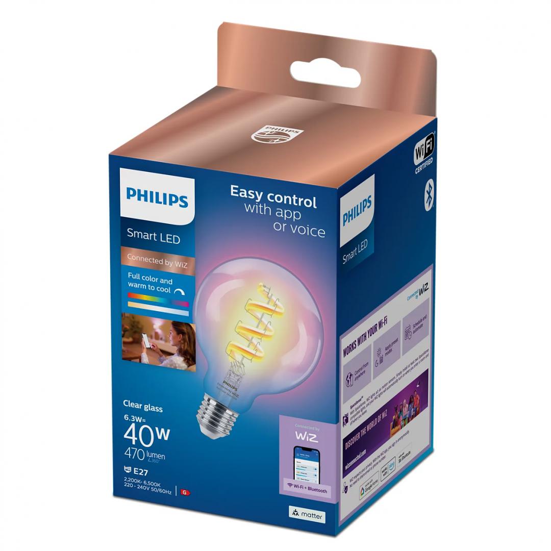 Bec LED RGB inteligent Philips Filament Globe G95, Wi-Fi, E27, 6.3W(40W), 470 lm, lumina alba si color (2200-6500K)