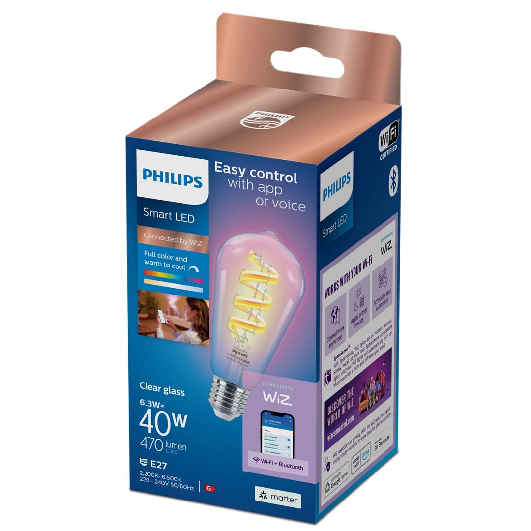 Bec LED RGB inteligent Philips Filament Bulb Clear ST64, Wi-Fi, E27,6.3W (40W), 470 lm, lumina alba si color (2200-6500K)