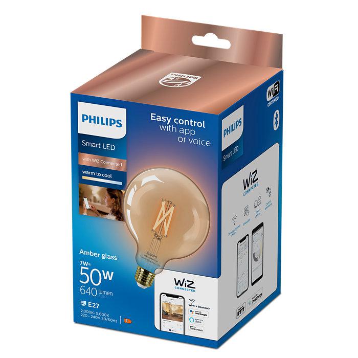 Bec LED inteligent vintage (decorativ) Philips Filament Globe AmberG125 ,Wi-Fi, Bluetooth, E27, 7W (50W), 640 lm, lumina alba (2000-5000K)