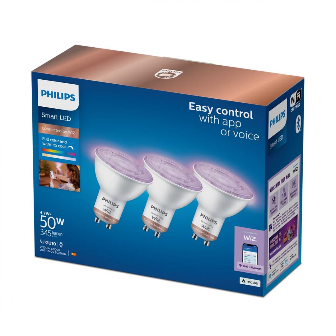 3 Becuri LED RGB inteligente Philips Spot PAR16, Wi-Fi, GU10, 4.7W(50W) ,345 lm, lumina alba si color (2200-6500K)