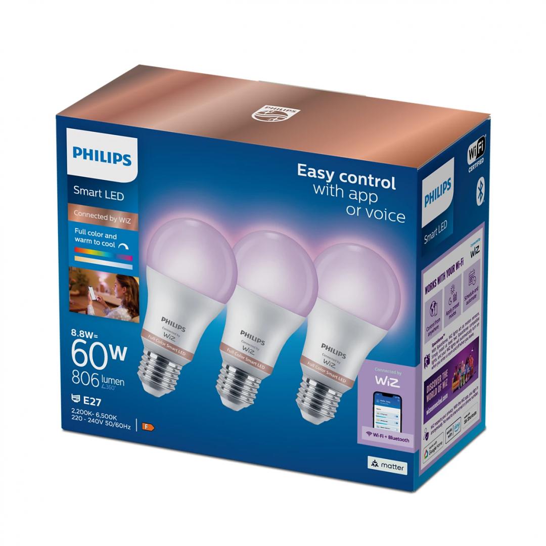 3 Becuri LED RGB inteligente Philips Bulb A60, Wi-Fi, E27, 8.8W (60W) ,806 lm, lumina alba si color (2200-6500K)