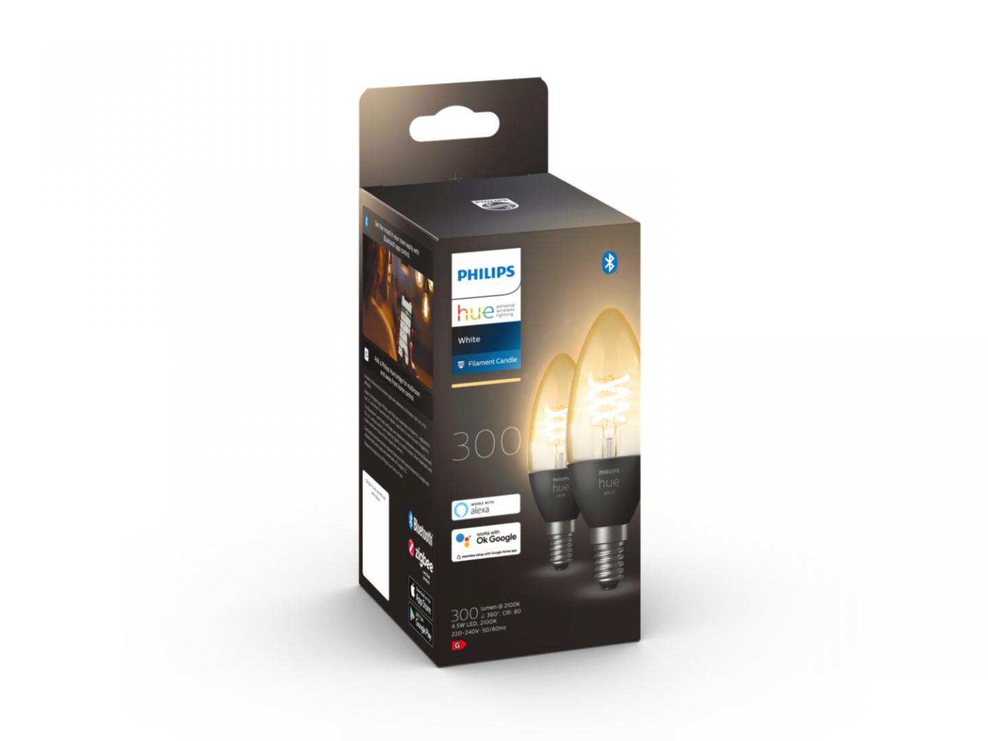 2 Becuri LED inteligente Philips Hue B39, Bluetooth, E14, 4.5W (28W), 300 lm, lumina calda (2100K), cu filament