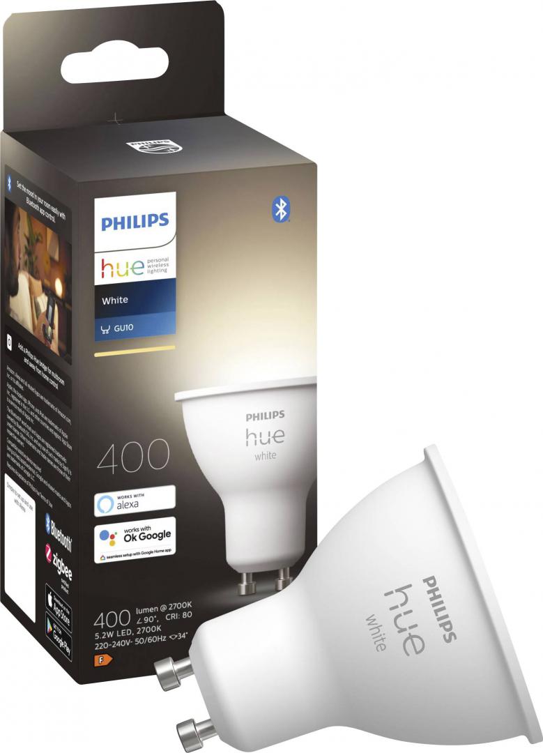 Bec LED inteligent Philips Hue Spot, Bluetooth, GU10, 5.2W (57W), 400lm ,lumina calda (2700K)