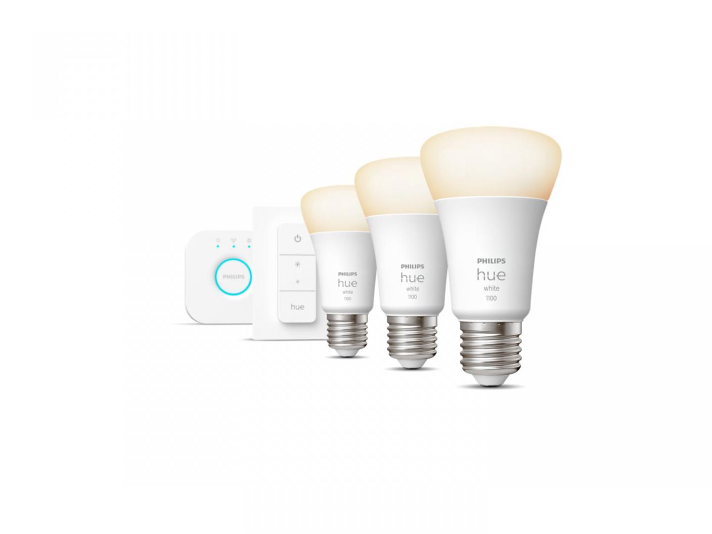 Pachet 3 Becuri LED inteligente Philips Hue A60, Bluetooth, E27 ,9.5W(75W), 1055 lm, lumina calda (2700K) + Consola Hue Bridge + Intrerupatorcu variator