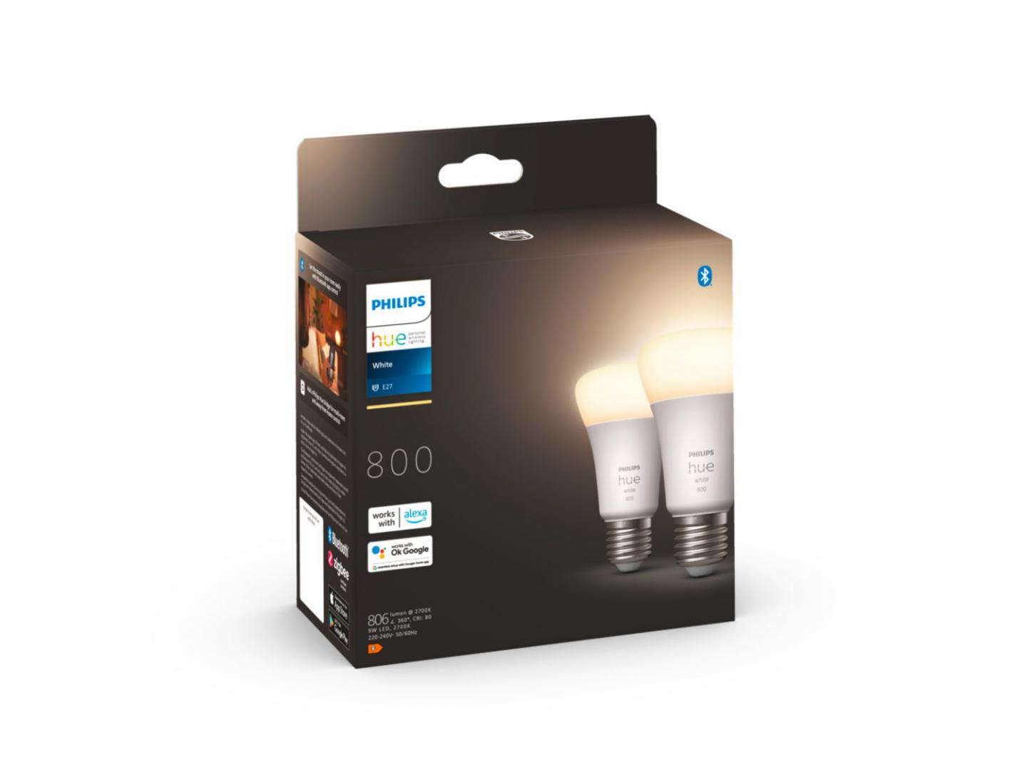 2 Becuri LED inteligente Philips Hue A60, Bluetooth, E27, 9W (60W) ,806lm, lumina calda (2700K)