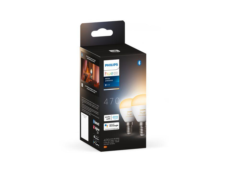 2 Becuri LED inteligente Philips Hue P45, Bluetooth, E14, 5.1W, 470 lm ,lumina alba (2000-6500K)