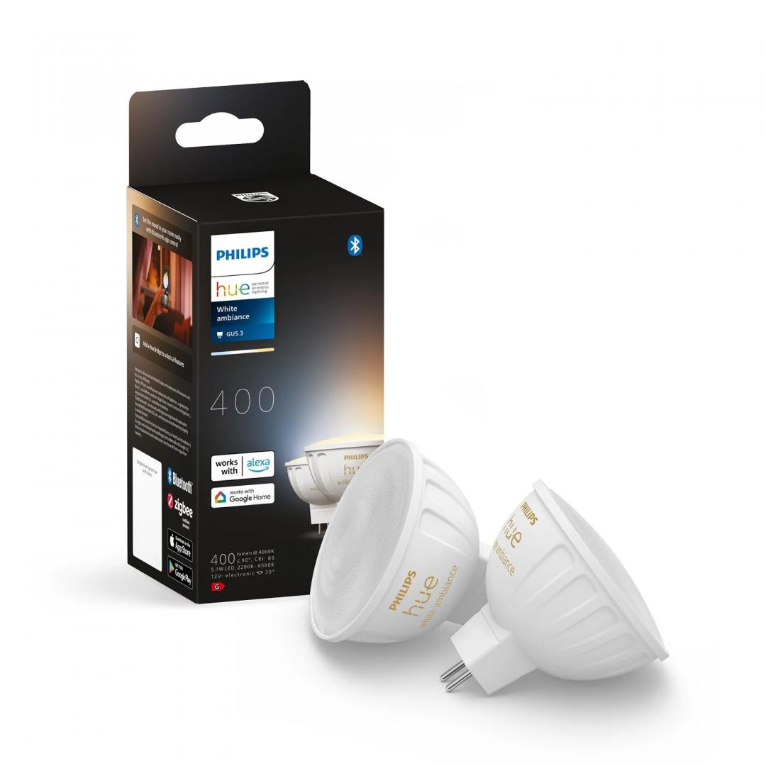 2 Becuri LED inteligente Philips Hue MR16, Bluetooth, GU5.3, 12V, 5.1W ,400 lm, lumina alba (2200-6500K)