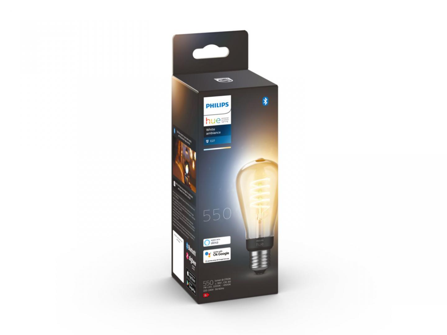 Bec LED inteligent vintage (decorativ) Philips Hue Filament Edison ST64 ,Bluetooth, E27, 7W (40W), 550 lm, lumina alba (2200-4500K)