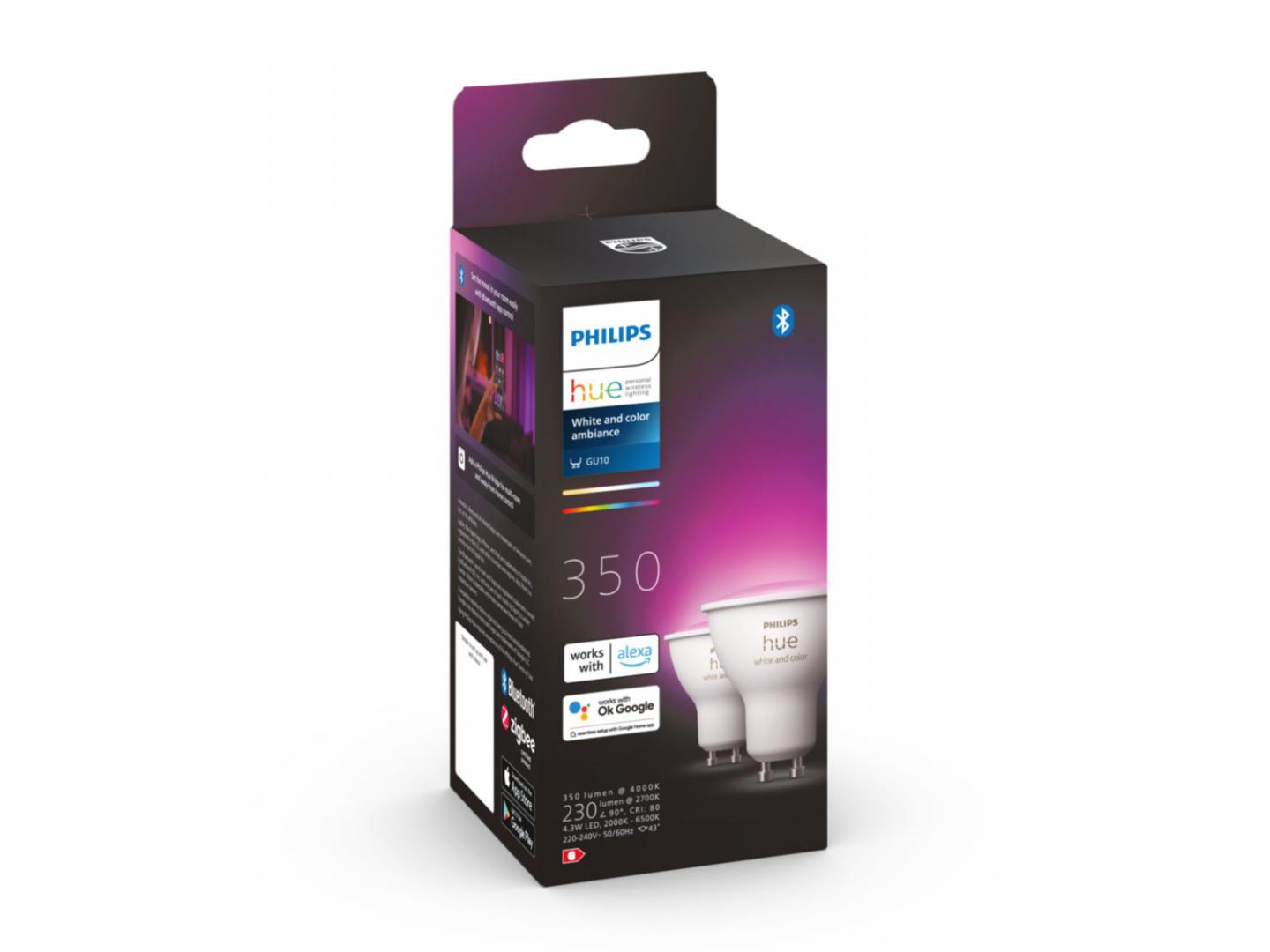 2 Becuri LED RGB inteligente Philips Hue Spot, Bluetooth, GU10 ,4.3W(35W), 350 lm, lumina alba si color (2000-6500K)