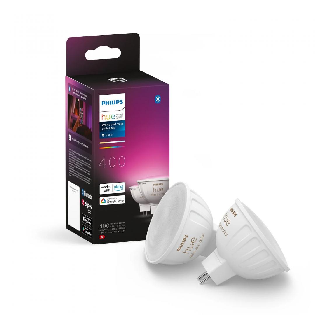 2 Becuri LED RGB inteligente Philips Hue MR16, Bluetooth, GU5.3, 12V, 6.3W, 400 lm, lumina alba si color (2000-6500K)
