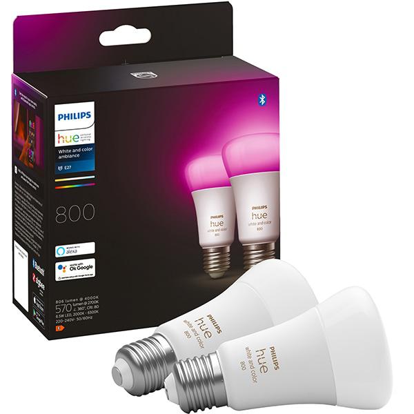 2 Becuri LED RGB inteligente Philips Hue A60, Bluetooth, E27, 6.5W(60W) ,806 lm, lumina alba si color (2200-6500K)