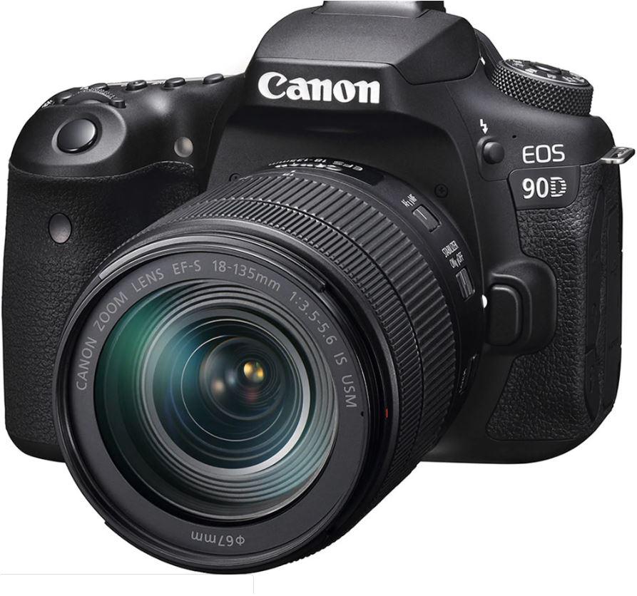 Camera foto Canon EOS 90D + obiectiv Canon EFS 18-135mm f3.5-5.6 IS USM, Senzor APS-C CMOS de 32,5 megapixel, Ecran tactil TFT Clear View II, cu unghi variabil de 7,7 cm (3,0") 3:2, aprox. 1.040 mii puncte, Procesor DIGIC 8, Rafala: 10 cadre pe secunda, Sensibilitate ISO 100-25600, Filmare 4K-3840 x