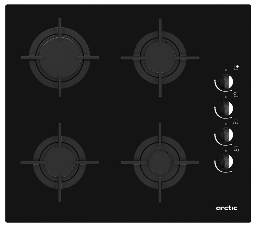 Plita pe gaz incorporabila Arctic ARSGN64125S, control butoane lateral - culoare negru, 4 arzatoare, aprindere integrata/ electronica, siguranta plita, gratar din fonta, dimensiuni 9.8*58*51 cm, culoare negru