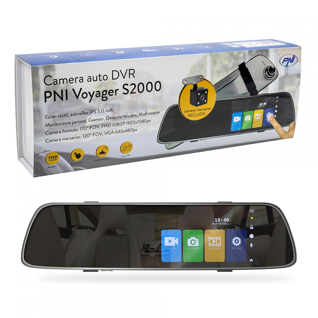 Camera auto DVR PNI Voyager S2000 Full HD incorporata in oglinda retrovizoare 1080P 170 grade, 5 inch, touchscreen IPS, aplicat pe oglinda retrovizoare si camera de mers inapoi 120 grade VGA, mod noapte, mod parcare, slot card, Full HD 12mp, Ecran LCD 5", Mod de functionare: Video/Foto/Playback