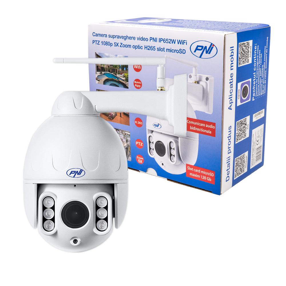 Camera supraveghere video PNI IP652W WiFi PTZ 1080p 2MP 5X Zoom optic, stand-alone, H265 slot microSD Night Vision 50m IP66 Alarma detectie miscare Comunicare audio bidirectionala, Senzor: 1/2.8" SONY307 CMOS, rezolutie: 1920x1080, 640x352, 320x176, lentila: 2.7-13.5mm 5X optical zoom auto focus