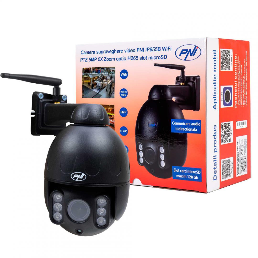 Camera supraveghere video PNI IP655B 5MP WiFi PTZ 5X Zoom optic H265, slot microSD, stand-alone, Night Vision 50m IP66 Alarma detectie miscare Comunicare audio bidirectionala, Senzor imagine: 1/2.8" SONY335 low lux CMOS,  5MP, Rezolutie: 2560x1920, 800x600, 640x480, lentila: 2.7-13.5mm 5X optical