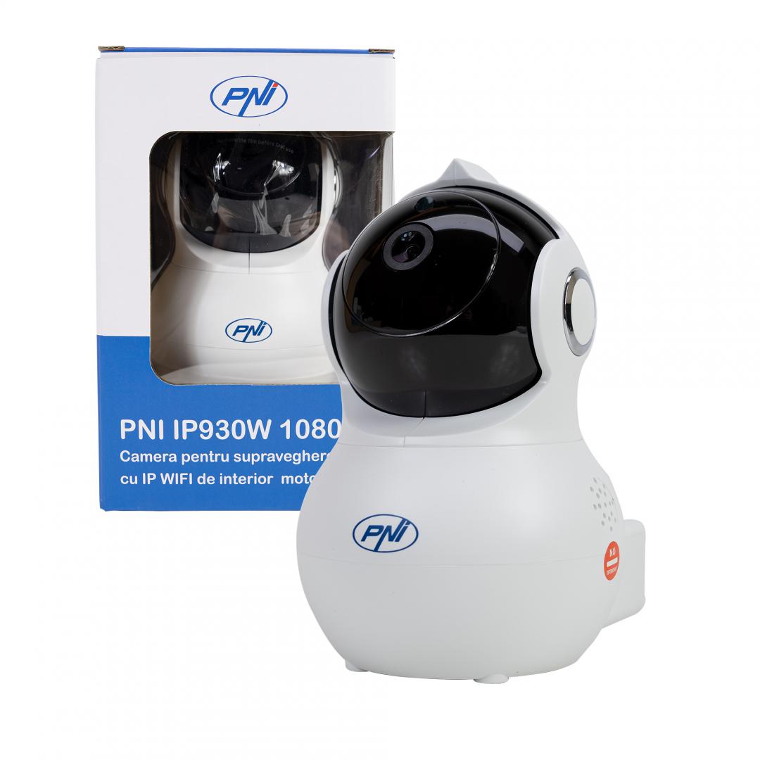 Camera supraveghere video PNI IP930W 1080P 2 MP cu IP P2P PTZ wireless, slot card microSD, Senzor imagine: 1/2.7, 2MP, 1080p, Lentila: f:3.6mm, Compresie imagine: H.264, 20fps/25fps 1080P (1280x720P), Rezolutii: 1080P (1920x1080) / 720P ( 1028x720), Microfon integrat, Difuzor integrat, 1 x 10/100