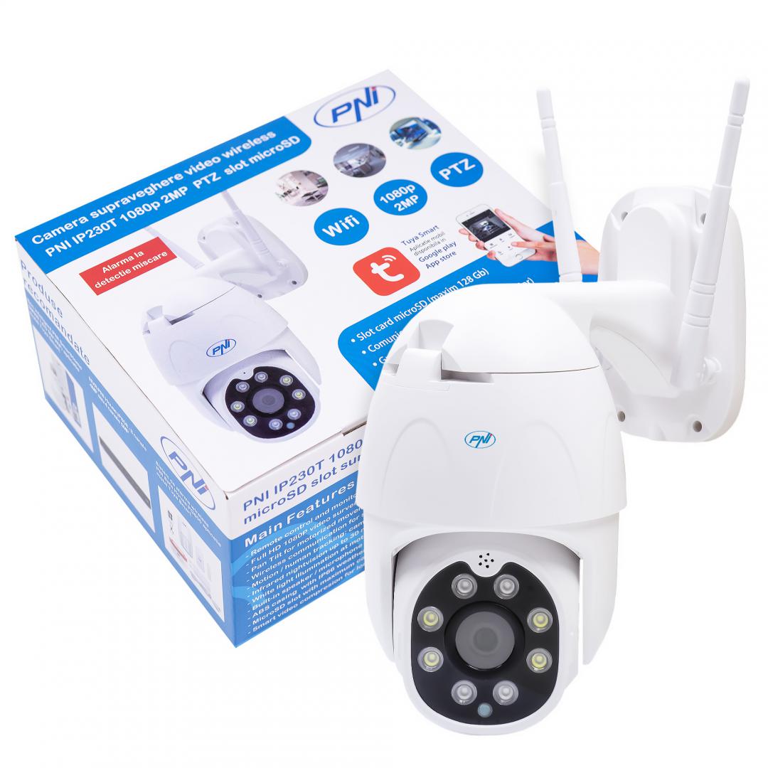 Camera supraveghere video wireless PNI IP230T 1080P cu PTZ, stand-alone, H264+ suporta microSD 128GB, Night Vision, aplicatia Tuya, P2P, Android, iOS, pentru interior si exterior, rotire dupa miscare, alarma la miscare, 2MP, Rezolutie: 1080P, lentila: f:3.6mm, Compresie:  H.264 +, 1080P (1920 x