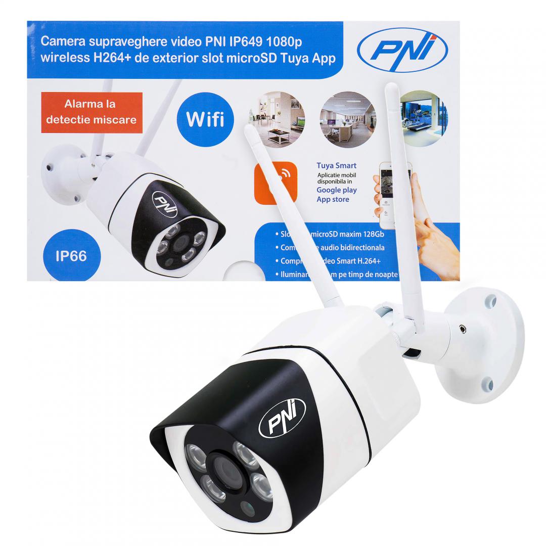 Camera supraveghere video PNI IP649 cu IP, 2MP 1080P, WiFi, slot card micro SD, compatibila cu aplicatia Tuya Smart, Culoare:  Alb / Negru, Senzor imagine:1/2.9" CMOS F37, Rezolutie: 1080P (1920 x 1080), Tip lentila: f:3.6mm, Compresie imagine: H.264+, Microfon integrat, Difuzor integrat, 1 X 10/100