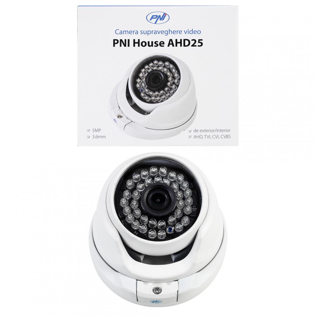 Camera supraveghere video PNI House AHD25 5MP, dome, lentila 3.6mm, 36 LED-uri IR, de exterior sau interior, IP66, Sistem TV: PAL, IR 25m, Dimensiuni: 100 X 105 X 75 mm, Rezolutie imagine: 2560 x 1920 px, Lentile: 3.6mm.