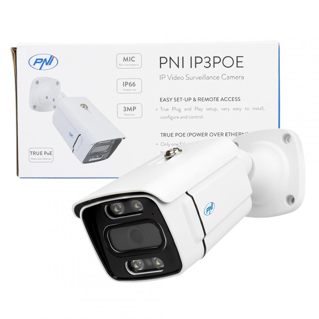 Camera supraveghere video PNI IP3POE cu IP, 3MP, de exterior IP66, microfon incorporat, compatibila cu sistemul de supraveghere POE PNI House IPMAX POE 3 si PNI House IPMAX POE 3LR, Rezolutie senzor: 3mp, Rezolutie: 2304x1296px, lentila: 3.6MM, Compresie imagine:  H.265AI / H.265+, Microfon