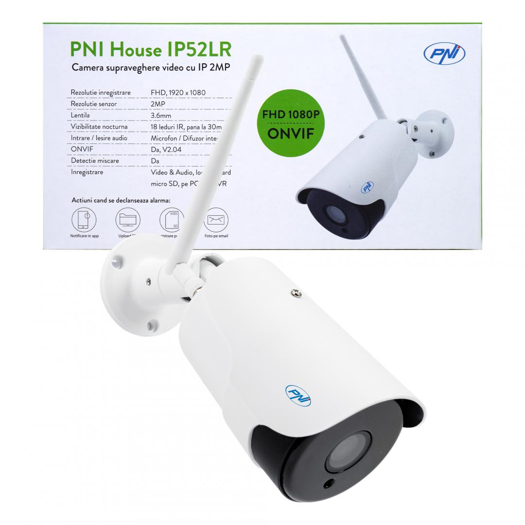 Camera supraveghere video PNI House IP52LR 2MP 1080P wireless cu IP de exterior si interior si slot microSD, mod noapte, Senzor imagine: CMOS 1/2.8", lentila: 3.6mm, Unghi de vizualizare: 80°, Compresie imagine: H.264, 30 FPS, Microfon integrat, Difuzor integrat, wireless: 2.4 Ghz 802.11b/g/n