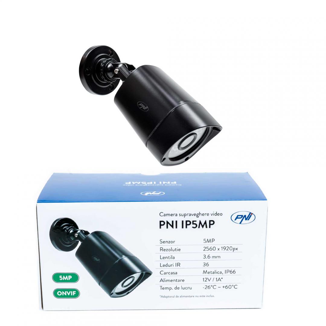 Camera supraveghere video PNI IP5MP cu IP, 5MP, H.265, ONVIF, de exterior si interior IP66, Senzor imagine: CMOS, Rezolutie: 2560 × 1920px, Tip lentila:  f:3.6mm, Compresie imagine:  H.265, Ethernet: 10/100 Mbps RJ-45, Clasa de protectie: IP66