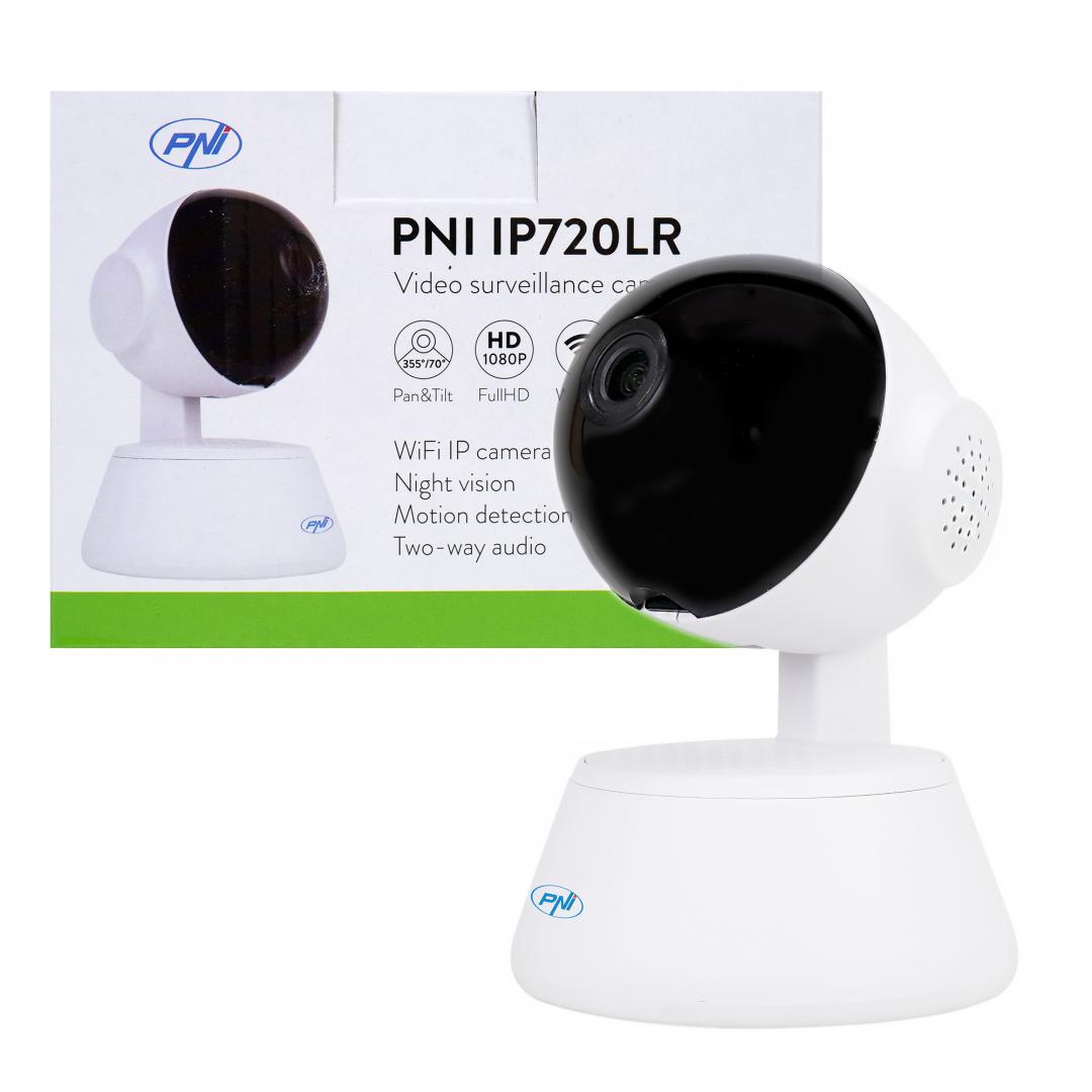 Camera supraveghere video PNI IP720LR 1080P 2 MP cu IP P2P PTZ wireless, slot card microSD, lentila: 3.6mm, Compresie imagine: H.264, Microfon integrat, Difuzor integrat, Wireless: 2.4 Ghz 802.11b/g/n, IR: 10-15m, MicroSD maxim 64GB (cardul nu este inclus).