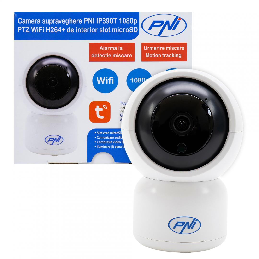 Camera supraveghere video PNI IP390T 1080P cu PTZ WiFi H264+ suporta microSD 128GB, Night Vision, aplicatia Tuya, P2P, Android, iOS, pentru interior, rotire dupa miscare, alarma la miscare, Senzor imagine:1/2.9" CMOS F37, 2MP, Rezolutie: 1080P (1280 x 1080), Lentila: 3.6mm, Compresie: H.264+