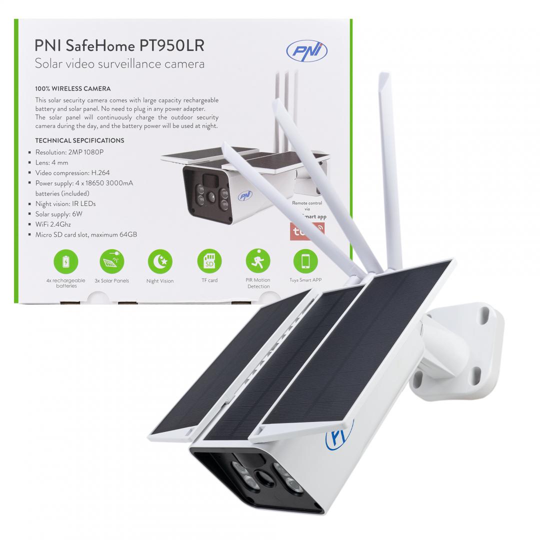 Camera supraveghere video PNI SafeHome PT950LR 1080P 2MP cu panou solar 6W, WiFi, acumulator, control prin aplicatia Tuya Smart, integrare in scenarii si automatizari smart cu alte produse compatibile Tuya, Senzor imagine: 1/3 CMOS 1080P, Lentila 4mm, Unghi de vizualizare: 70°, Compresie video