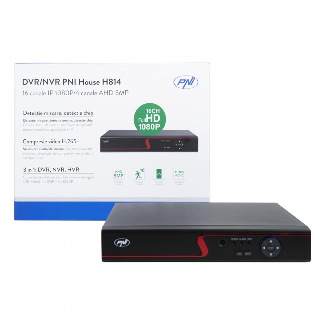 DVR / NVR PNI House H814 - 16 canale IP full HD 1080P sau 4 canale analogice 5MP, Numar canale video: 4 canale, Compresie video: H.265, rEZOLUTIE: Analog: 4 x 5MP IP: 16 x 1080P / 8 x 5MP Hibrid: 4 x 5MP + 2 x IP 1080P, IESIRE: 1080P(VGA) / 1080P(HDMI), sTOCARE: maxim 1 x 14 TB HDD (nu este inclus)