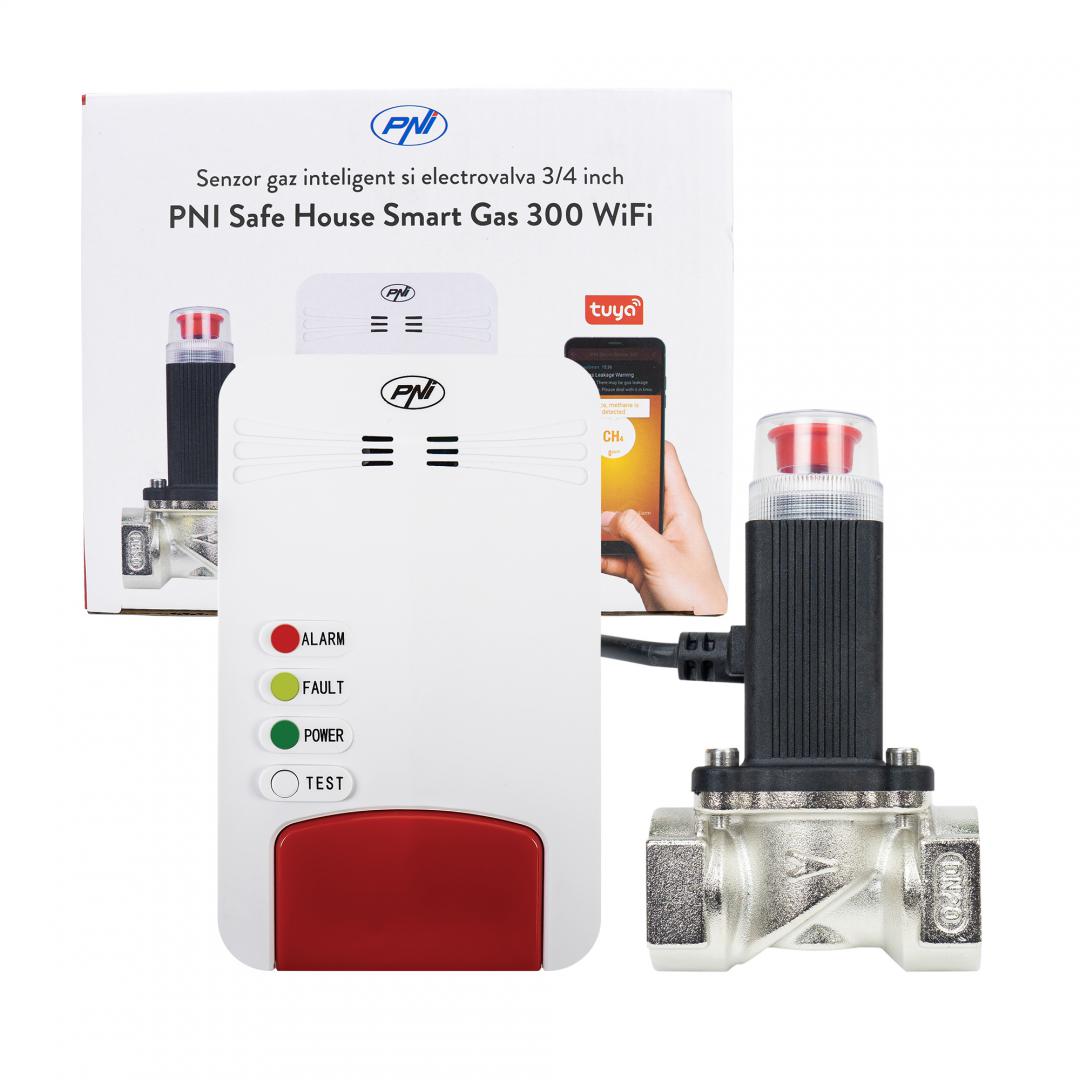 Kit senzor gaz inteligent si electrovalva PNI Safe House Smart Gas 300 WiFi cu alertare sonora, aplicatie de mobil Tuya Smart, integrare in scenarii si automatizari smart cu alte produse compatibile Tuya