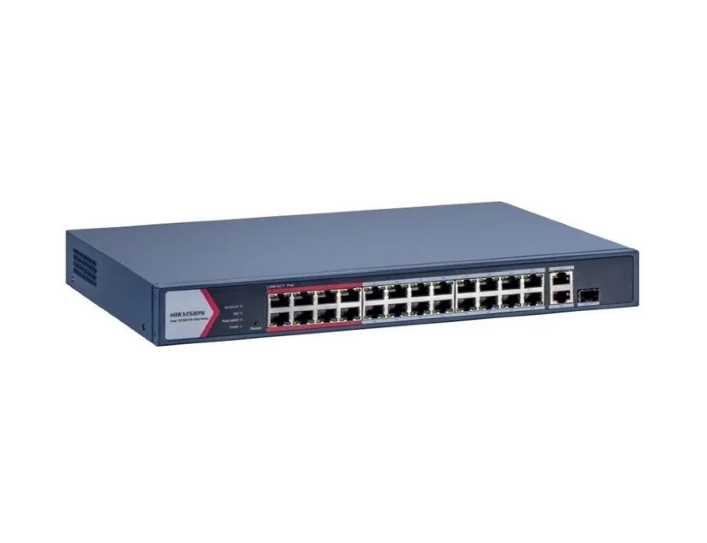 Switch PoE Hikvision DS-3E1326P-EI/M: 24 × 10/100 Mbps PoE port,1 × Gigabit combo,1 × Gigabit RJ45 port, 24 porturi PoE maxim 30W, buget PoE 230W, tensiune alimentara: 100-240 VAC, 50/60 Hz, Max. 4 A, dimensiuni: 335.00 mm × 44.50 mm × 226.00 mm, greutate: 2.13kg.