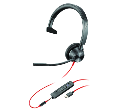 Poly Blackwire 3315 Monaural Microsoft Teams Certified USB-C Headset +3.5mm Plug +USB-C/A Adapter