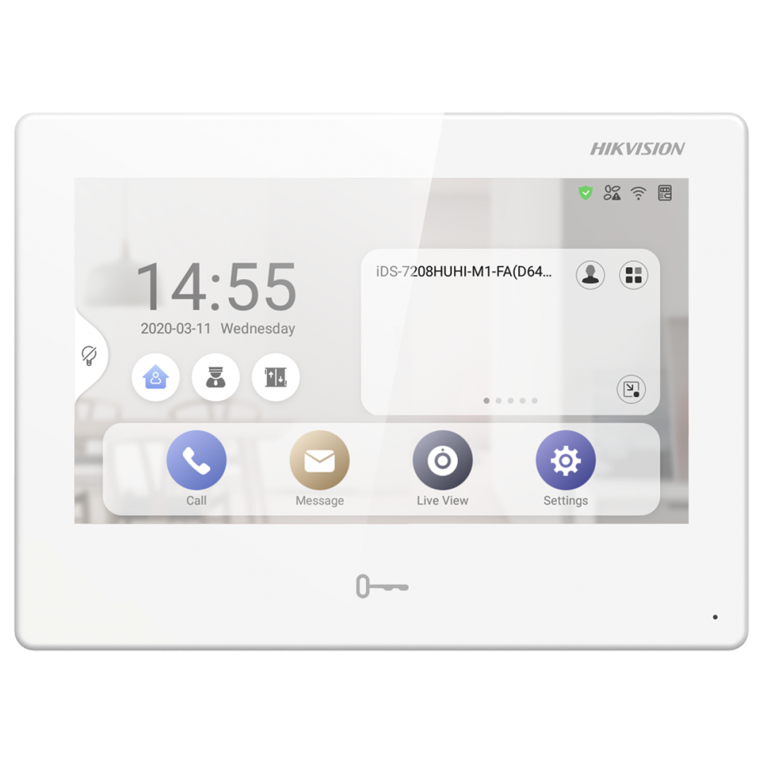 Post interior videointerfon 7 inchi cu Android Hikvision DS-KH9310-WTE1 (B)WIFI, management pentru toate sistemele Hikvision conectate prin Hik Connect, apelare video si deschidere usa din aplicatia mobila, ecran TFT 7 inch color, rezolutie 1024 × 600,  audio bidirectional (microfon si difuzor