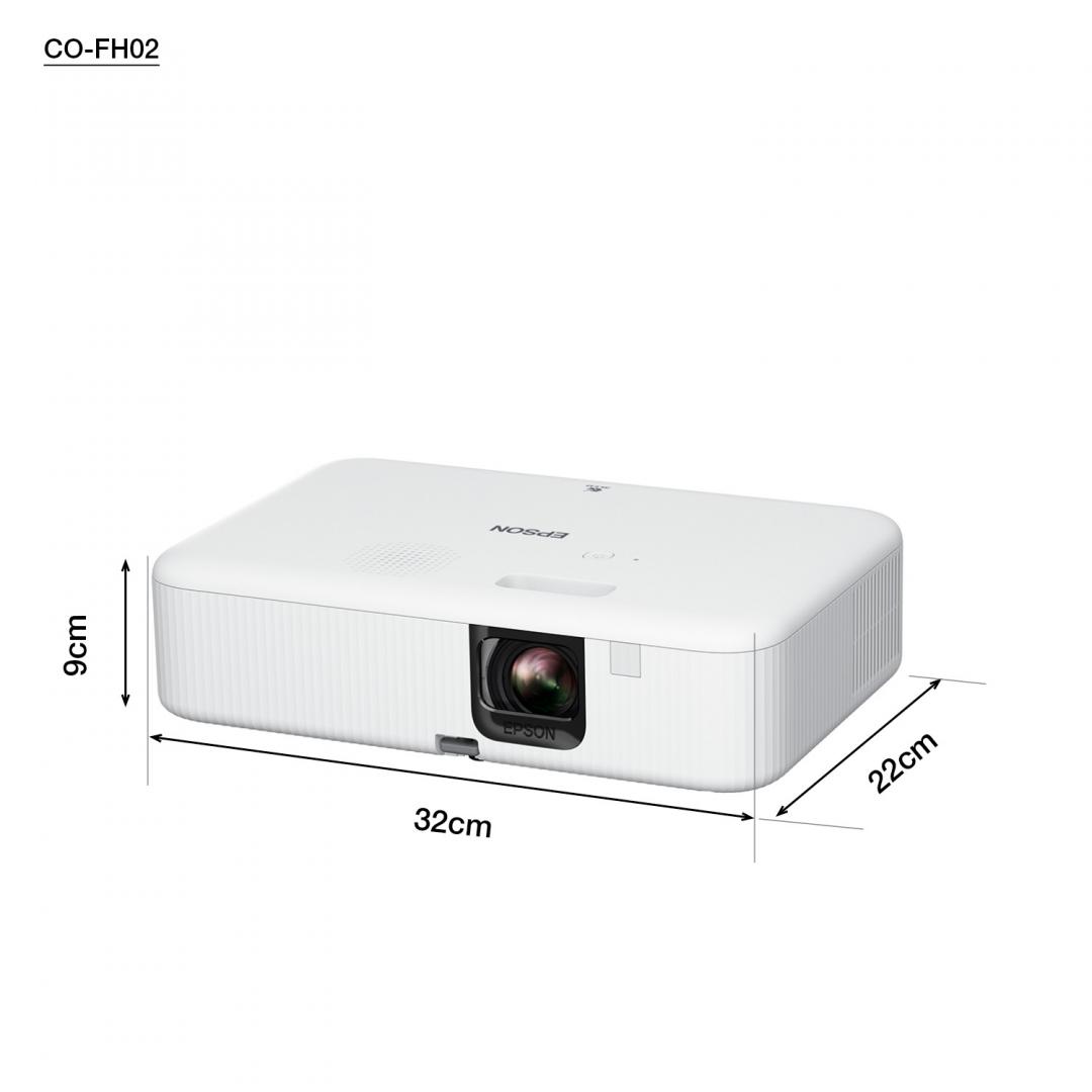 Proiector Epson CO-FH02, 3LCD, 3.000 lumeni/ 2.000 lumeni Ecomode, FHD, 16:9, lampa 6.000 ore/ 12.000 ore Ecomode, corectie ± 30, dimensiune maxima imagine 391", distanta maxima de proiectie 10.4 m, HDMI 1.4, USB 2.0-A, USB 2.0, Android TV, Kensington lock, boxa 5W, MHL audio/video, greutate 2.6 kg