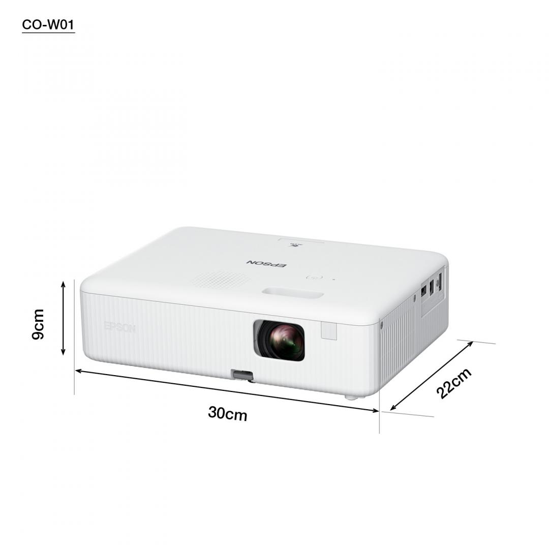 Proiector Epson CO-W01, 3LCD, 3.000 lumeni/ 2.000 Ecomode, WXGA, HD ready, 16:10, lampa 6.000 ore/ 12.000 ore Economy mode, corectie ± 30, zoom 1- 1.35, dimensiune maxima imagine 378", distanta maxima de proiectie 10.4 m, HDMI 1.4, USB 2.0-A, USB 2.0 Type B (Service Only), Kensington lock, boxa 5W