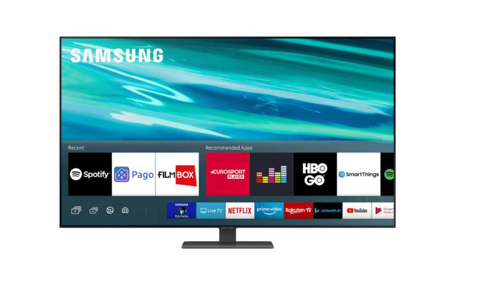 Televizor, Samsung, SM, QE65Q80AATXXH, 2021, 163CM, QLED, Smart TV, 4K ,Negru, Plat, Tizen, Mirroring iOS, Android, Quantum Processor 4K,HDR10+/HLG, 120Hz, DVB-T2CS2, 2.2, 60 W, Subwoofer integrat: Da, Wi-Fi,Bluetooth, 1 x RJ-45, 1 x S/PDIF, CI+ slot, 3 x HDMI, 2 x USB, 1 x HDMI2.1, 400 x 300, Cablu