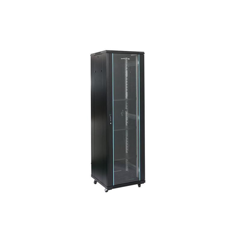 Rack 18U 600x1000, montare pe podea, usa din sticla, panouri laterale detasabile si securizate, dezasamblat, culoare negru RAL 9004,  DATEUP