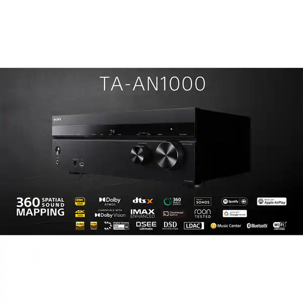 Receiver AV SONY TA-AN1000, 7.2ch, Dolby Atmos, Acoustic Center Sync, DTS:X, Hi Res Audio wireless, 8K HDR, HDMI 2.1, Negru