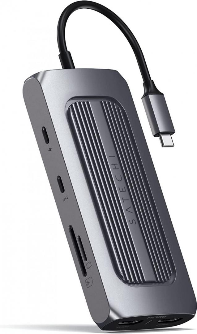 Satechi Aluminium USB-C Multiport MX Adapter (Dual 4K HDMI 60Hz/30Hz,USB-C PD 100W,Ethernet,1xUSB-C 5Gbps,2xUSB-A 3.0,Micro/SD,3.5mm audio) - Space Grey