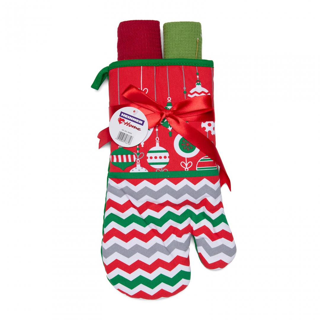 Kitchen glove set for Christmas 3-pieces Red The set contains a kitchen glove 18x28 cm (polyester) and 2 kitchen towels size 38x64 cm, 100% Cotton, 60gr / piece.