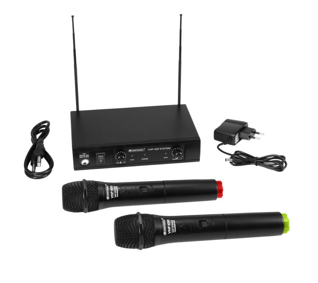 Set microfon de mana dublu wireless OMNITRONIC VHF-102 (frecvente: 212.35MHz, 200.10MHz)
